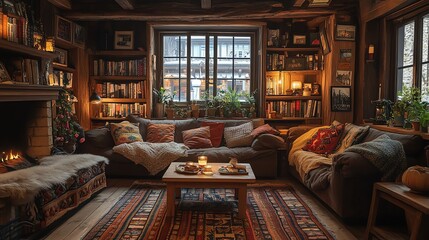 A rustic living room with wooden furniture