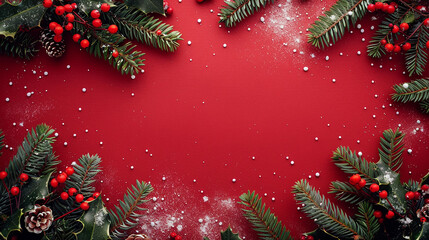 Wall Mural - christmas background with fir tree branches on red background