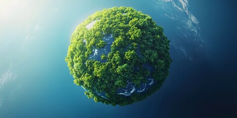 Lush green earth floating in the sky with sunlight casting over the ocean