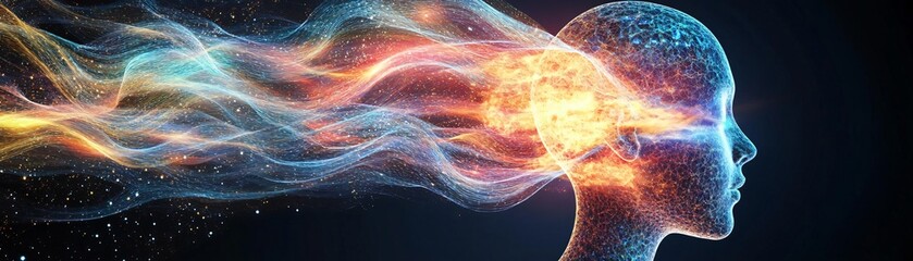 Poster - A vibrant representation of thought and creativity, showcasing energy flows and abstract elements emanating from a human head.