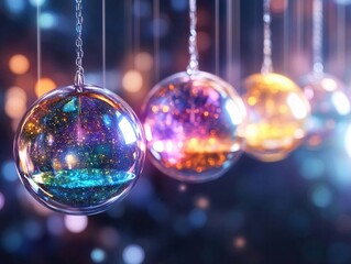 Poster - Colorful glittering glass orbs hanging in a dreamy light, creating a magical atmosphere with vibrant reflections.