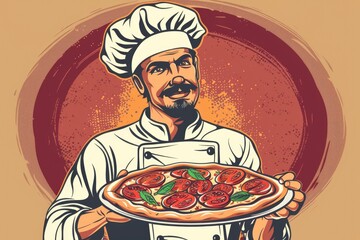 Poster - A chef holding a freshly baked pizza with toppings