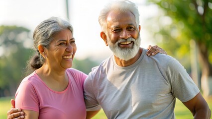 An elderly Indian couple engaged in a light workout session, smiling and enjoying their time together in a park.
