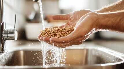 Wall Mural - Man washing buckwheat groats in kitchen sink to prepare a healthy meal