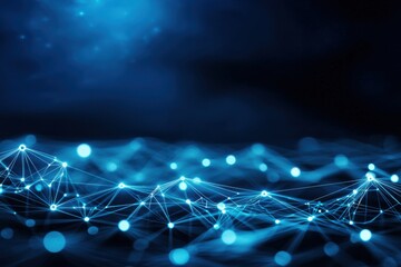 Poster - Abstract blue digital network with glowing dots and lines, representing connectivity and data flow in a futuristic environment.