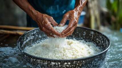 Wall Mural - Close up of a farmer washing rice for preparing a meal in asia