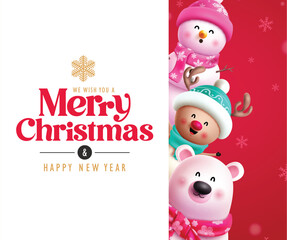Wall Mural - Christmas greeting vector template design. Merry christmas greeting text with cute snowman, friendly reindeer and polar bear characters in white board space for holiday season wish list card. Vector 