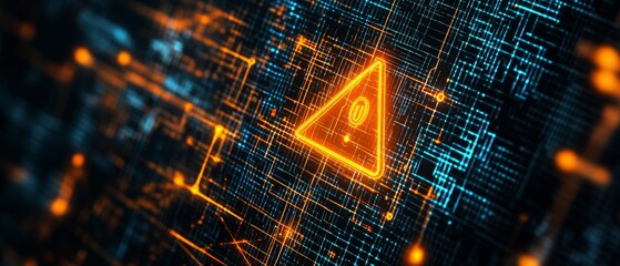 Poster - Cybersecurity warning. orange exclamation sign on dark digital grid