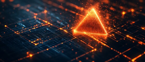 Poster - Cybersecurity warning. orange exclamation sign on dark digital grid