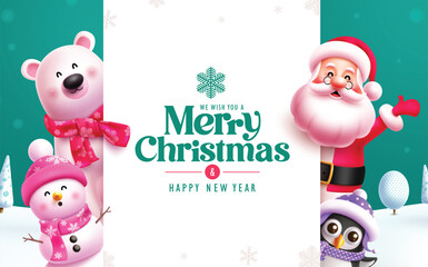 Wall Mural - Merry christmas greeting vector template design. Christmas greeting text  with happy santa claus, smiling polar bear, cute snowman and penguin characters holding white board space in seasonal snow 