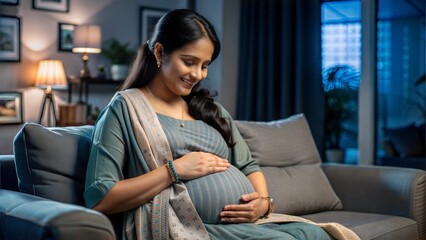 Poster -  happy indian pregnant woman feeling baby by lookin.