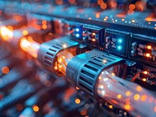 Fototapete - Close-up view of illuminated server connections in a data center at night showcasing technological infrastructure and dynamic lighting