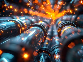 Poster - Abstract view of glowing tubes in a dark setting with vibrant sparks and light reflections during a creative design exploration