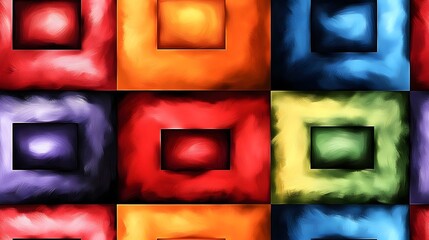 Poster - A colorful painting of squares with a red square in the middle. The squares are of different colors and sizes