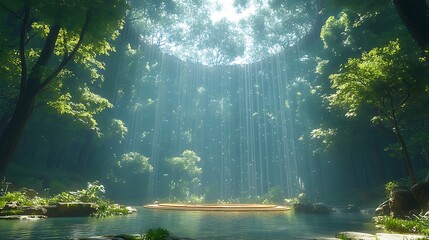 Poster - Mystical Forest Clearing with Circular Platform and Light Rays.