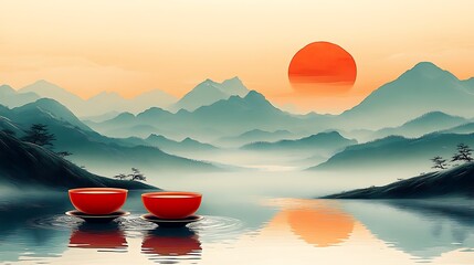 Sticker - Two Red Teacups Floating on a Still Lake at Sunset, Surrounded by Mountains.