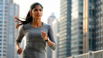 Indian Woman Running in Urban Environment – An Indian woman running through an urban area with modern buildings in the background.
