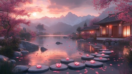 Poster - Tranquil Zen Garden at Sunset with Stone Path and Blooming Cherry Trees.