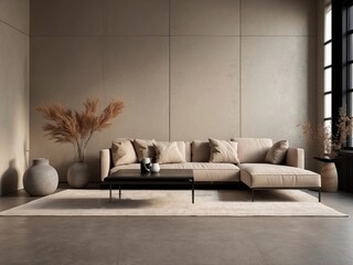 Modern living room interior with a sectional sofa and a coffee table