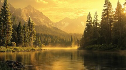 Wall Mural - Tranquil forest lake scene amidst majestic mountains, bathed in golden hues of sunset or sunrise. Lush trees line the banks, creating a picturesque natural sanctuary.