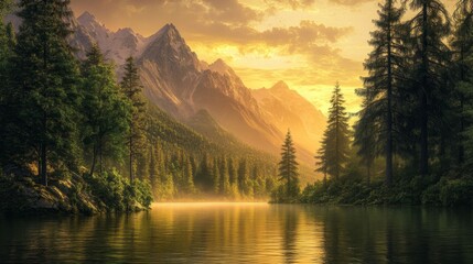 Wall Mural - Tranquil forest lake scene amidst majestic mountains, bathed in golden hues of sunset or sunrise. Lush trees line the banks, creating a picturesque natural sanctuary.