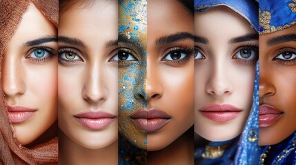 Wall Mural - Multiracial ladies posing on studio background with Contour and Highlight makeup sample,healthy skin,collage for skin care concept,Professional Contouring face make-up over,Make up woman face.