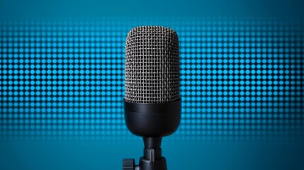 Old-school microphone with abstract waveform patterns in blue, modern media and communication concept