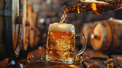 A beer bottle pouring golden beer into a glass mug. The glass mug is sitting on a wooden table with wooden barrels in the background.