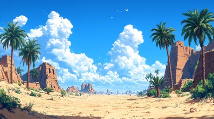 Canvas Print - Palm Trees and Ruins in a Desert Landscape.