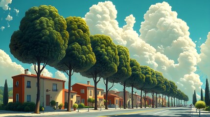 Poster - Charming Street Lined with Trees and Houses Under a Cloudy Sky.