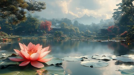 Sticker - Serene Pond with Water Lily in a Japanese Garden.