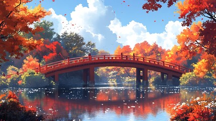 Sticker - Autumnal Bridge over a Still Lake.