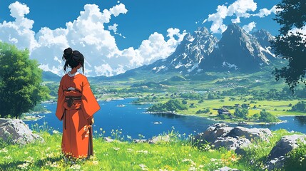 Poster - Woman in Red Kimono Admires Mountainous Landscape.