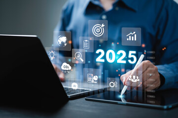 businessman plan strategy marketing and finance to goal in 2025 planning business growth with techno
