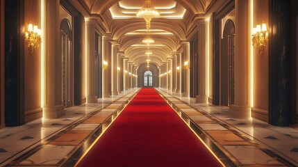 Wall Mural - Luxurious Hallway with Red Carpet and Elegant Lighting, Creating a Grand Atmosphere for a Glamorous Ceremony