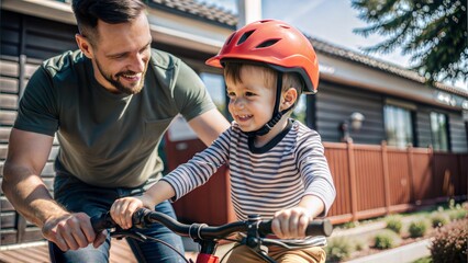 Wall Mural -  learning bicycle and proud dad teaching