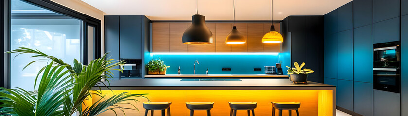 Modern Kitchen Interior Design with Yellow Lighting and Blue Cabinets