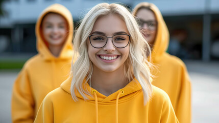 A cheerful blonde woman wearing glasses and a yellow hoodie smiles brightly, standing with friends dressed similarly in a casual outdoor setting.
