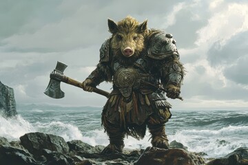 Sticker - Viking Boar: A boar in Viking armor with a helmet and axe, standing on a rocky shore