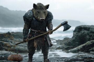 Wall Mural - Viking Boar: A boar in Viking armor with a helmet and axe, standing on a rocky shore