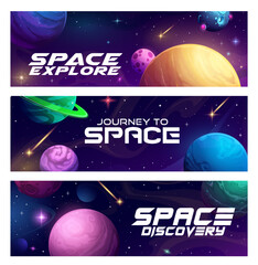 Poster - Cartoon alien space planets, galaxy landscape banners with stars and comets. Vector horizontal cards for Universe exploration, space research mission, fantastic game or fantasy discovery
