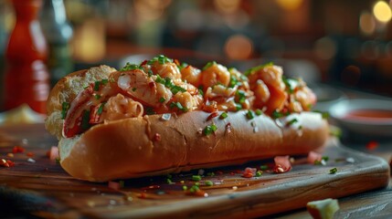 Wall Mural - a hot dog on a bun covered in shrimp