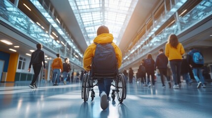 Poster - A person in a wheelchair is walking through a crowded hallway