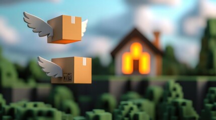 Delivery boxes with wings, flying towards a glowing house in a dreamlike landscape, 3D illustration