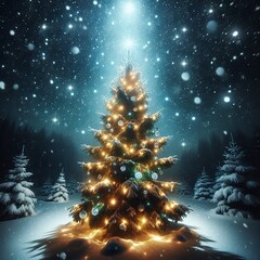 Wall Mural - A glowing Christmas tree outdoors at night with falling snow, capturing the magic of the holiday season.