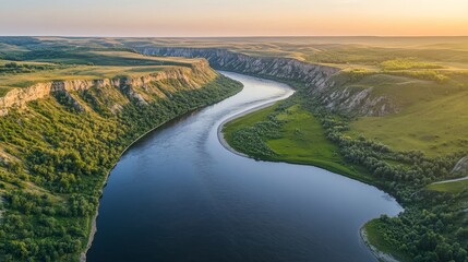 Wall Mural - Aerial drone capture of the Dniester River's scenic meander, showcasing the picturesque landscape of Ukraine's Dniester Canyon in Europe.