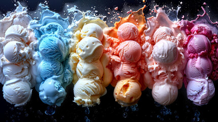 A vibrant display of colorful ice cream scoops in pastel shades melting and splashing against a dark background, highlighting the variety of flavors.