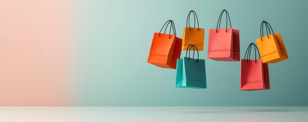 Colorful shopping bags floating against a minimalist background, perfect for retail and lifestyle themes.