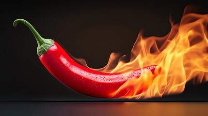 A red pepper is shown with flames coming out of it. Concept of heat and intensity, as if the pepper is on fire