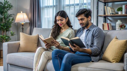 Wall Mural - young indan asian couple reading books